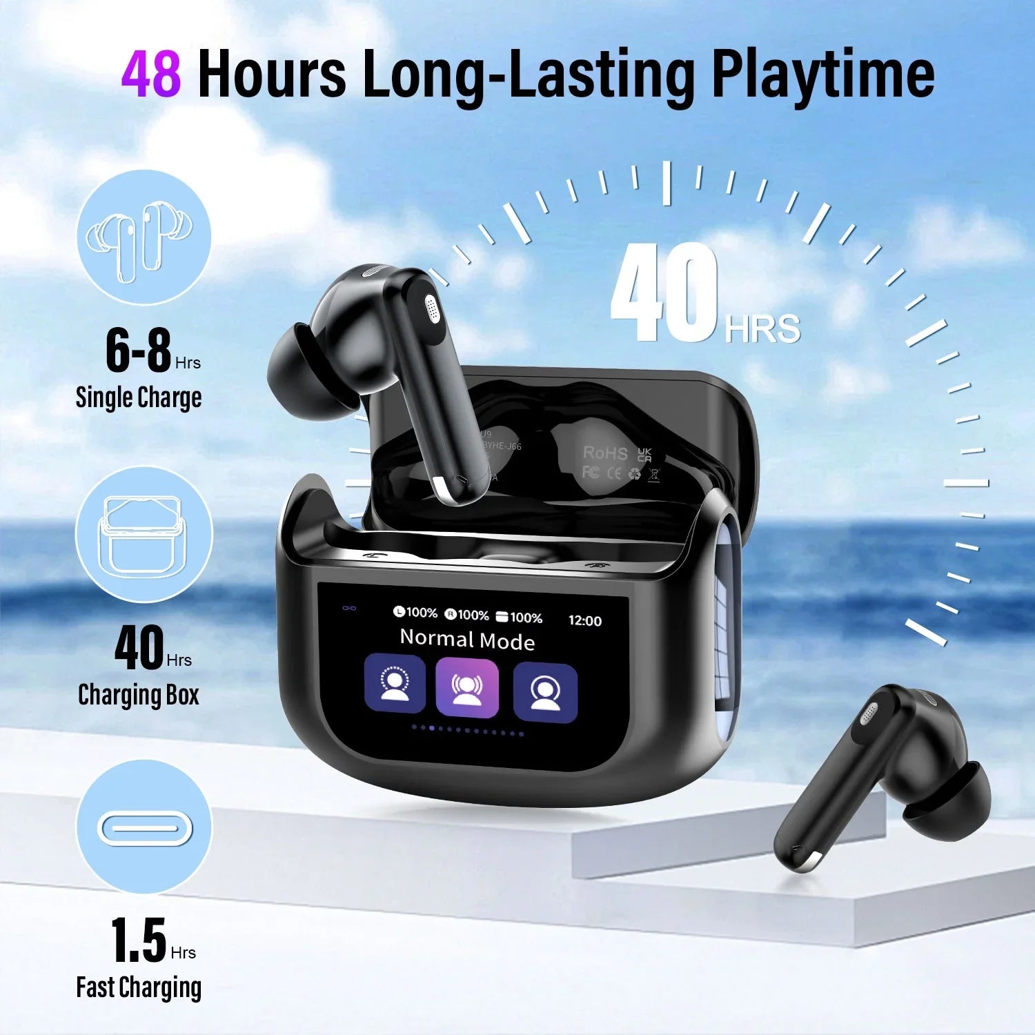 Touch Screen Wireless Earbuds, Bluetooth 5.4 Ear Buds with Multifunctional with ENC Noise Cancelling Micclear Calls Earphones, 48H Bass Stereo Headphones, IP7 Waterproof Headphones for Workout